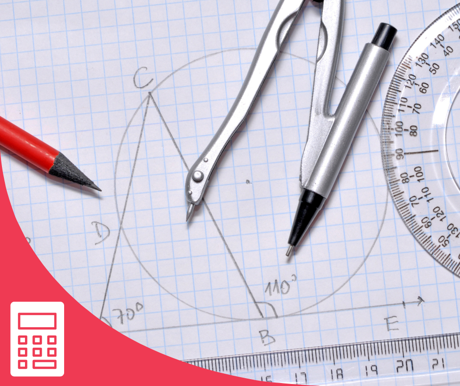 Pen, compass and ruler on a workbook with triangles and angles listed