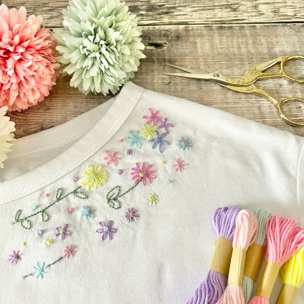 Colourful Flowers embroidered onto a T Shirt