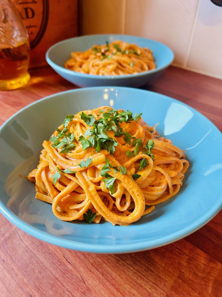Creamy Roasted Red Pepper and Parmesan Linguine